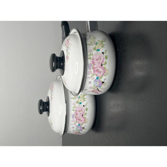 Vintage Retro Floral Enamel Saucepan Set with Lids
